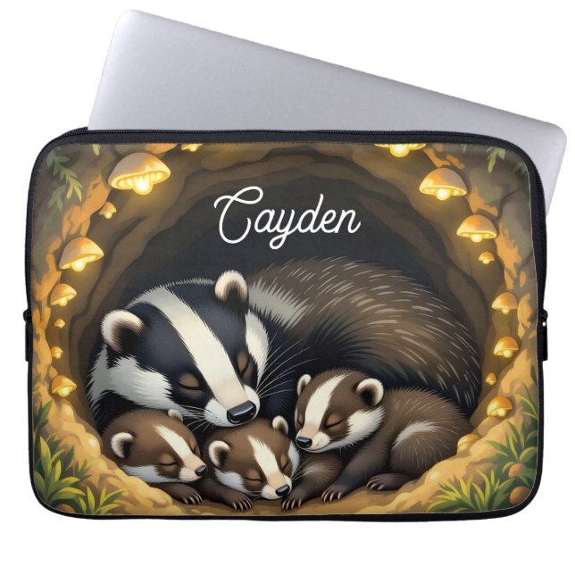 Cute  Badger Family Personalised Laptop Sleeve (Front)