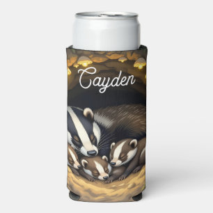 Cute Badger Family Personalised Seltzer Can Cooler