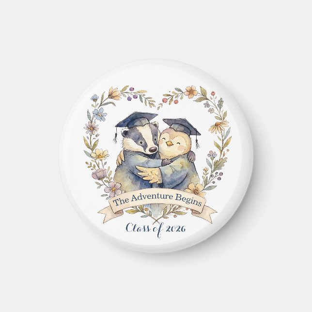 Cute Badger & Penguin Graduation Hug Personalised Magnet (Front)
