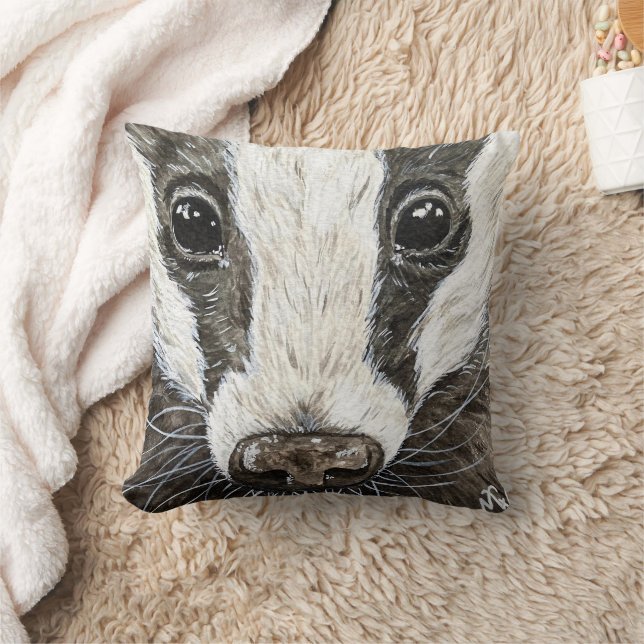 Cute Badger Wildlife Nature Portrait Watercolour  Cushion (Blanket)