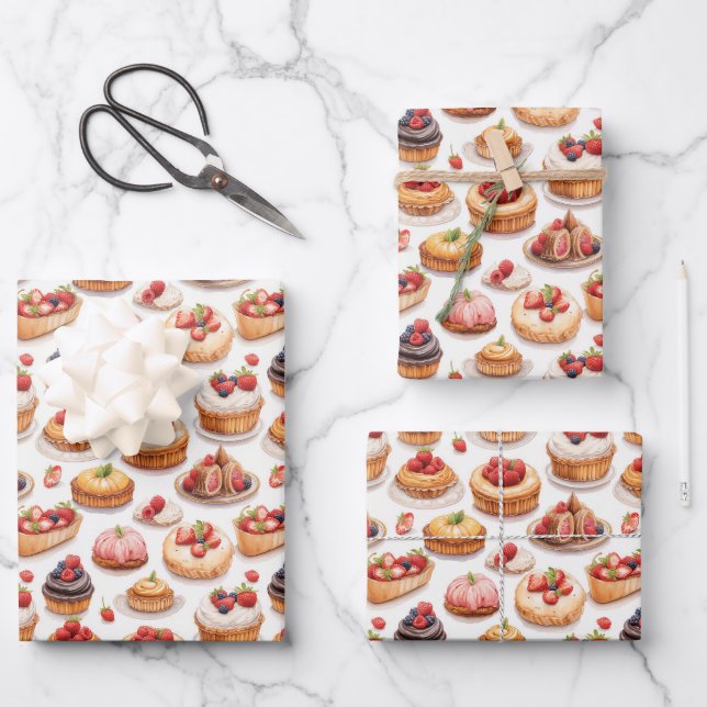Cute baked sweets berries tiled pattern  wrapping paper sheet (Front)