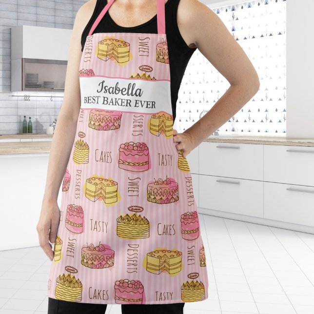 Cute Baker Cake Pastry Chef Personalised Name Apron (Creator Uploaded)