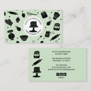 Cute Baker Pastry Chef Baking Utensils Black Green Business Card