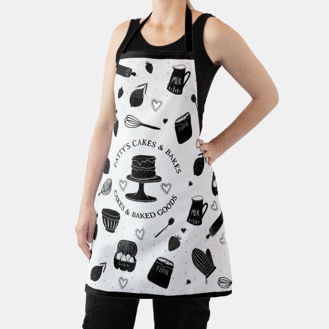 Cute Baker Pastry Chef Baking Utensils Black White Apron (Insitu)