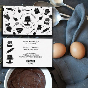 Cute Baker Pastry Chef Baking Utensils Black White Business Card