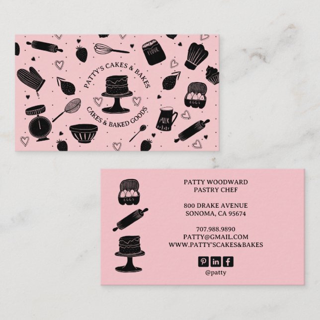 Cute Baker Pastry Chef Baking Utensils Dusty Pink Business Card (Front/Back)