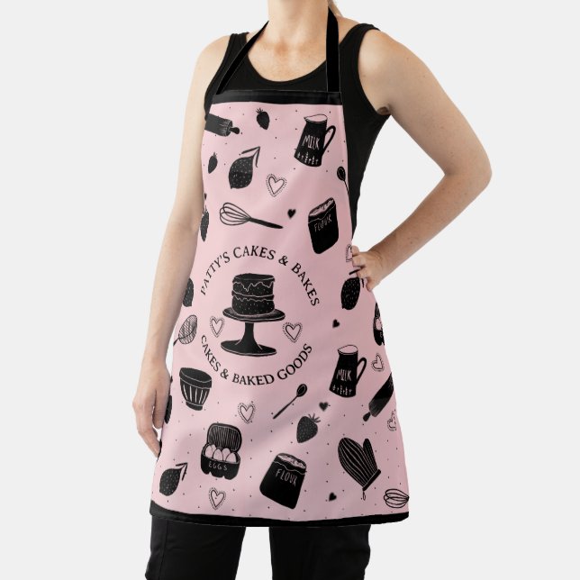 Cute Baker Pastry Chef Baking Utensils Pink Black Apron (Insitu)