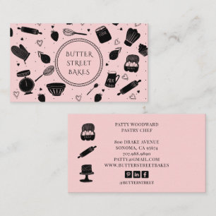 Cute Baker Pastry Chef Baking Utensils Pink Black Business Card