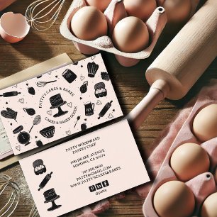 Cute Baker Pastry Chef Baking Utensils Pink Black Business Card