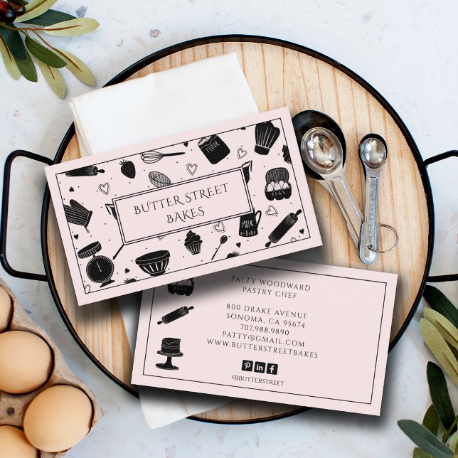 Cute Baker Pastry Chef Baking Utensils Pink Black Business Card (Creator Uploaded)