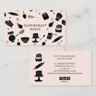 Cute Baker Pastry Chef Baking Utensils Pink Black Business Card