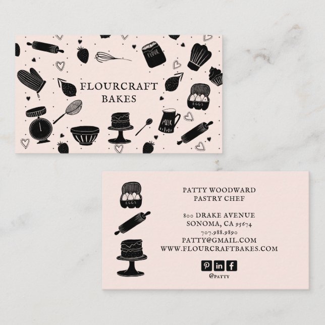 Cute Baker Pastry Chef Baking Utensils Pink Black Business Card (Front/Back)