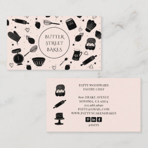 Cute Baker Pastry Chef Baking Utensils Pink Black Business Card