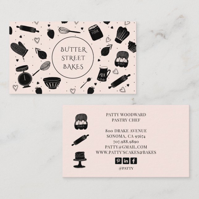 Cute Baker Pastry Chef Baking Utensils Pink Black Business Card (Front/Back)