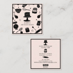 Cute Baker Pastry Chef Baking Utensils Pink Black Square Business Card