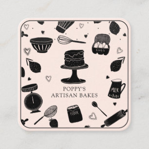 Cute Baker Pastry Chef Baking Utensils Pink Black Square Business Card