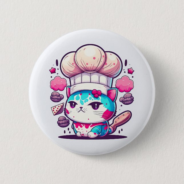 Cute Baker Pastry Chef Cat Kitten with Bread | 6 Cm Round Badge (Front)