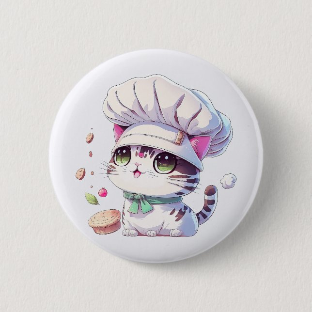 Cute Baker Pastry Chef Cat Kitten with Bread | 6 Cm Round Badge (Front)