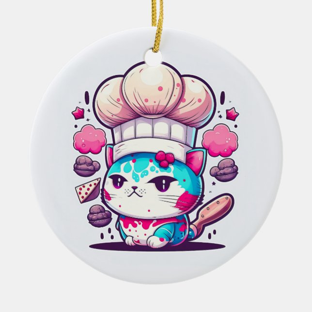 Cute Baker Pastry Chef Cat Kitten with Bread | Ceramic Tree Decoration (Front)