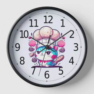 Cute Baker Pastry Chef Cat Kitten with Bread   Clock