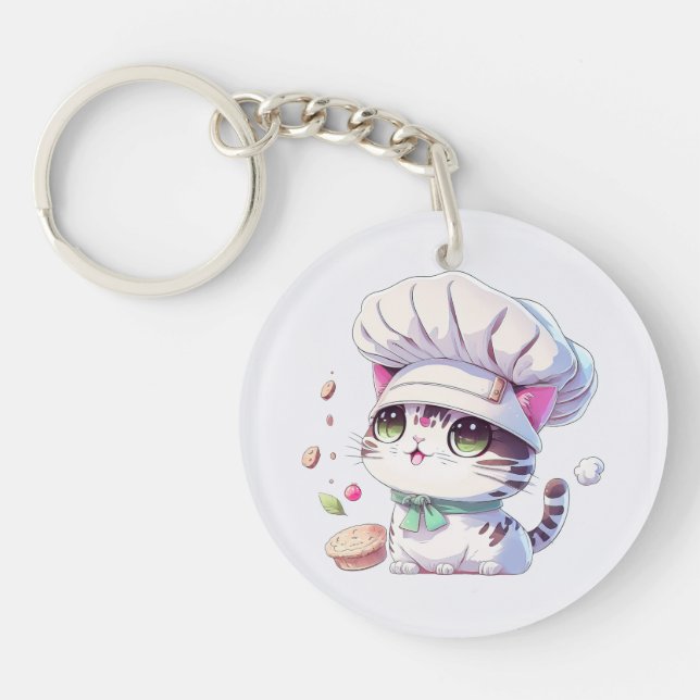 Cute Baker Pastry Chef Cat Kitten with Bread | Key Ring (Front)