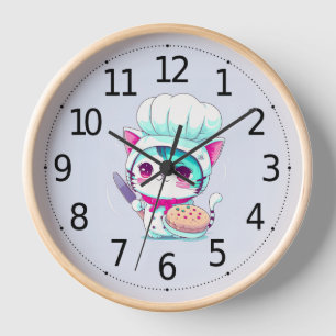Cute Baker Pastry Chef Cat with Cake and Knife   Clock