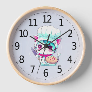 Cute Baker Pastry Chef Cat with Cake and Knife   Clock