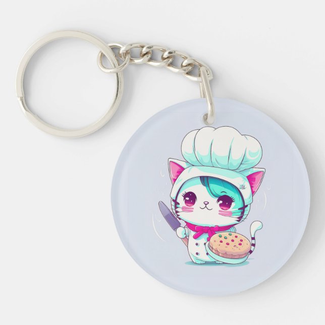 Cute Baker Pastry Chef Cat with Cake and Knife | Key Ring (Front)