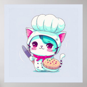 Cute Baker Pastry Chef Cat with Cake and Knife   Poster