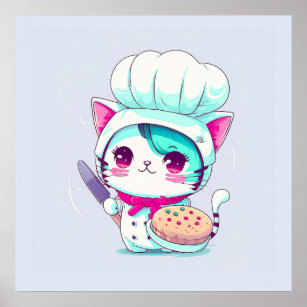 Cute Baker Pastry Chef Cat with Cake and Knife   Poster
