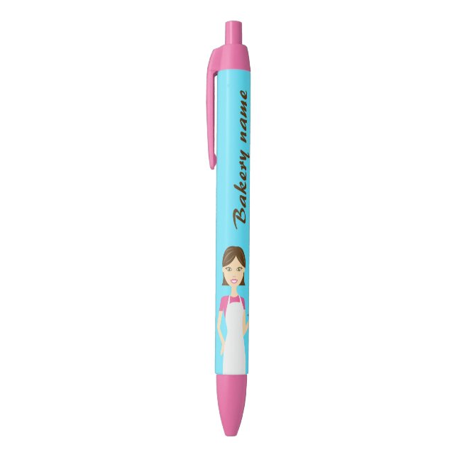 Cute Baker Woman And Custom Business Info Black Ink Pen (Top (Vertical))