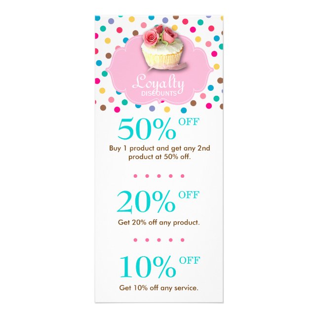 Cute Bakery Cupcake Discount Polka Dot 2 Rack Card (Front)