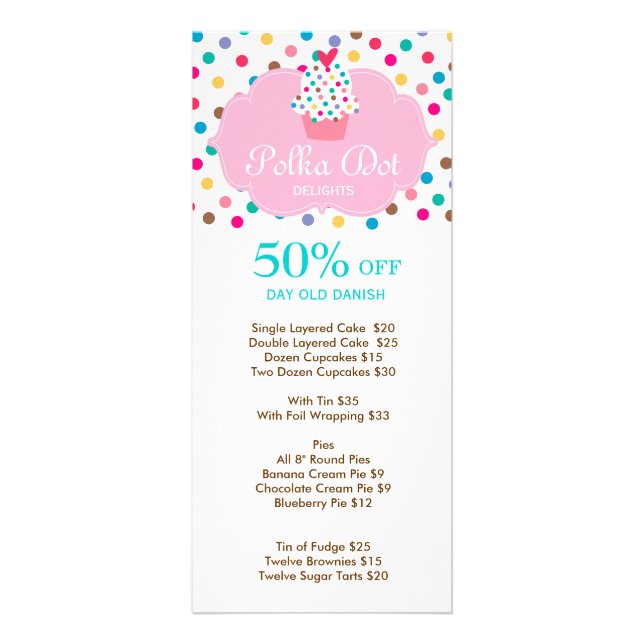 Cute Bakery Cupcake Polka Dot 3 Rack Card (Front)