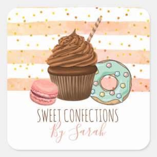 Cute Bakery Watercolor Desserts Glitter Rose Gold Square Sticker