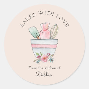 Cute Baking Utensils on Pink Classic Round Sticker