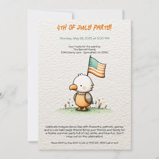 Cute Bald Eagle 4th of July Party Invitation  (Front)