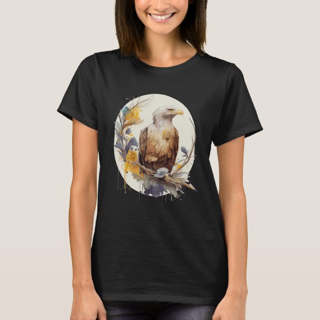Cute Bald Eagle Sunflower Watercolor Bird T-Shirt (Front)