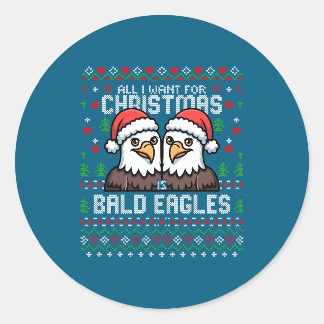 Cute Bald Eagles Christmas Ugly Xmas Sweater Patri Classic Round Sticker (Front)