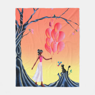 Cute Ballerina and Cat sunset Tree Fleece Blanket