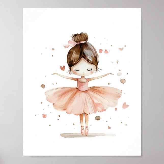 Cute Ballerina Ballet Dance Love Hearts Watercolor Poster (Front)