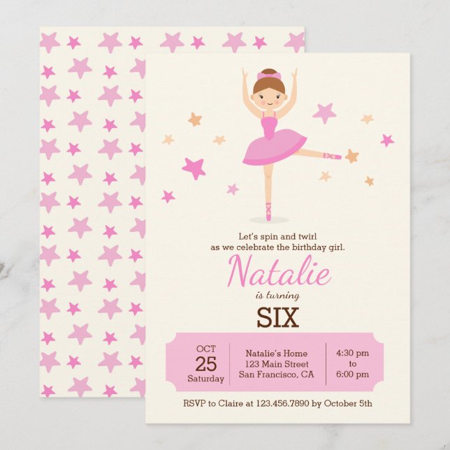 Cute Ballerina Birthday Party Invitation (Front/Back)