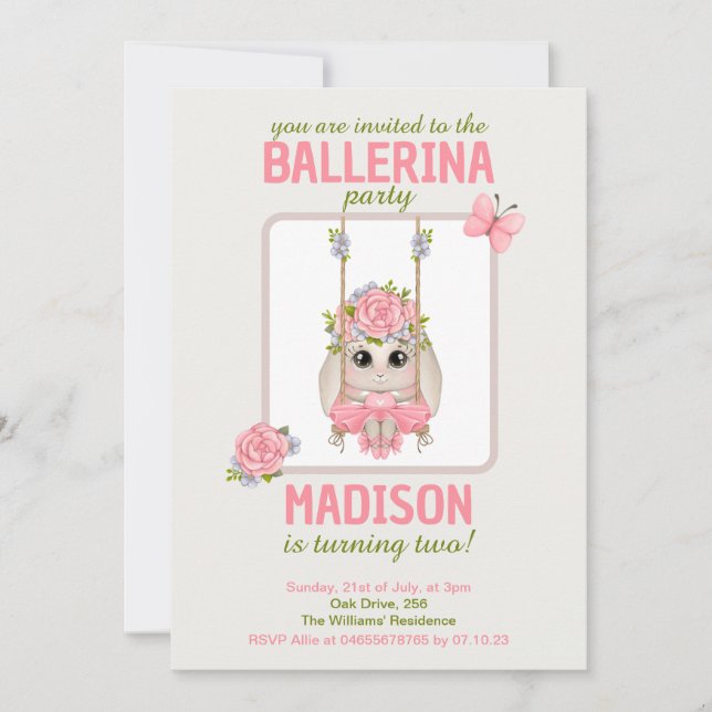 Cute ballerina bunny girl birthday pink floral invitation (Front)