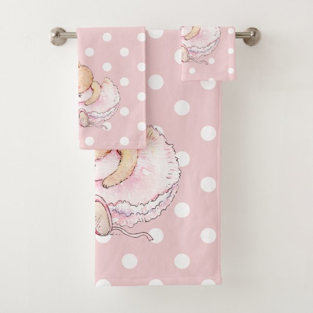 Cute Ballerina Bunny Rabbit Pink White Polka Dots  Bath Towel Set (Insitu)