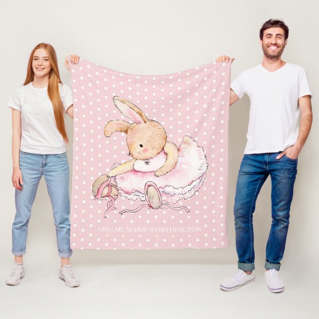 Cute Ballerina Bunny Rabbit Pink White Polka Dots Fleece Blanket (In Situ)