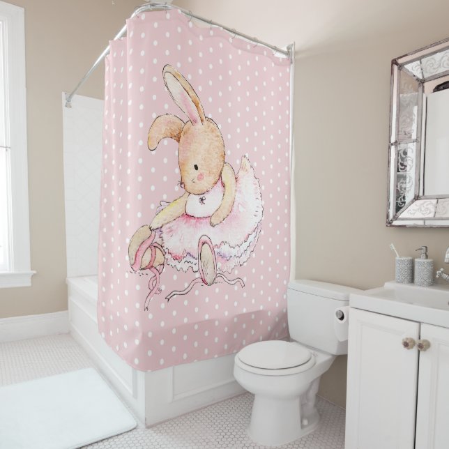 Cute Ballerina Bunny Rabbit Pink White Polka Dots Shower Curtain (In Situ)