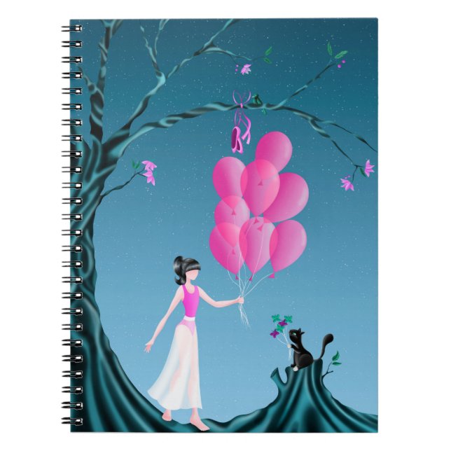 Cute Ballerina & Cat Night Sky Notebook (Front)