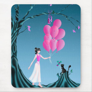 Cute Ballerina & Cat Pink Balloons Mouse Mat