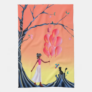 Cute Ballerina & Cat sunset tree Tea Towel