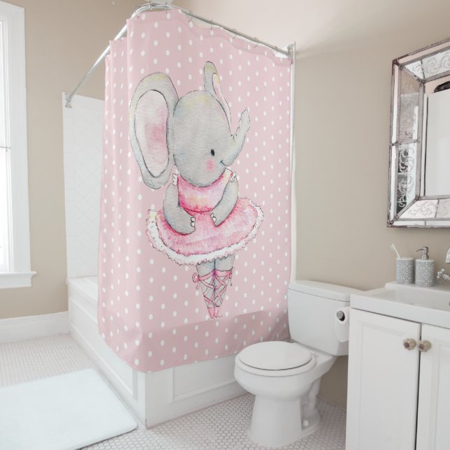 Cute Ballerina Elephant Pink White Polka Dots Shower Curtain (In Situ)