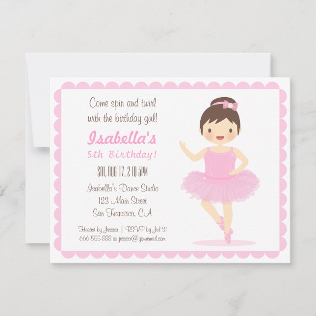 Cute Ballerina Girl Birthday Party Invitations (Front)